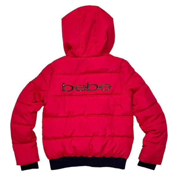 Bebe Puffer Coat Jacket Red Black Sequins S Small - Picture 1 of 10